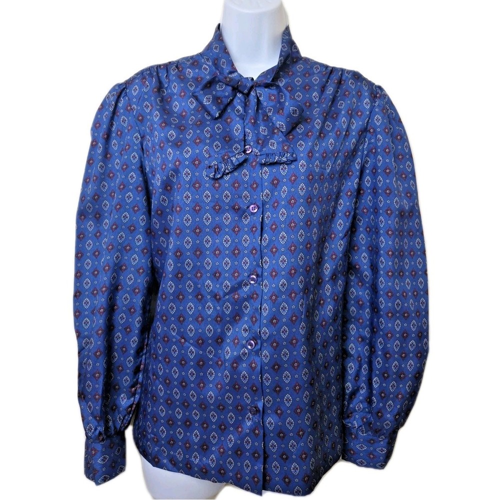 Vtg 1980s Satin Pussybow Neck Blue Geometric Print Blouse Ragazza Size 18 PLUS